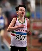 29 March 2025; Jake O Connor of Limerick AC, Limerick, on his way to winning in the Boys U12 600m during day one of the 123.ie National Indoor Juvenile Championships at the TUS Indoor Arena in Athlone, Westmeath. Photo by Ben McShane/Sportsfile