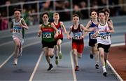 29 March 2025; Jake O Connor of Limerick AC, Limerick, right, leads the field in the Boys U12 600m during day one of the 123.ie National Indoor Juvenile Championships at the TUS Indoor Arena in Athlone, Westmeath. Photo by Ben McShane/Sportsfile