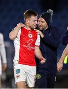 28 March 2025; Brandon Kavanagh of St Patrick's Athletic is congratulated by assistant coach Sean O'Connor after the SSE Airtricity Men's Premier Division match between Waterford and St Patrick's Athletic at the Regional Sports Centre in Waterford. Photo by Michael P Ryan/Sportsfile