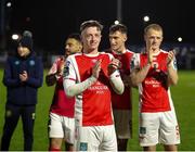 28 March 2025; St Patrick's Athletic players including Chris Forrester salute supporters after the SSE Airtricity Men's Premier Division match between Waterford and St Patrick's Athletic at the Regional Sports Centre in Waterford. Photo by Michael P Ryan/Sportsfile