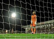 28 March 2025; Bohemians goalkeeper James Talbot reacts after being beaten for Galway United's second goal, scored by Moses Dyer, during the SSE Airtricity Men's Premier Division match between Bohemians and Galway United at Dalymount Park in Dublin. Photo by Thomas Flinkow/Sportsfile