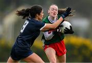 29 March 2025; Lucy Wallace of Mayo in action against Hannah Power of Waterford during the Lidl Ladies National Football League Division 1 match between Waterford and Mayo at Kilmacthomas GAA Club in Kilmacthomas, Waterford. Photo by Brendan Moran/Sportsfile