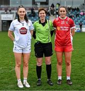 29 March 2025; Referee Angela Gallagher with team captains Laoise Lenehan of Kildare and Chloe McCaffrey of Tyrone before the Lidl Ladies National Football League Division 1 match between Kildare and Tyrone at Cedral St Conleth's Park in Newbridge, Kildare. Photo by David Fitzgerald/Sportsfile