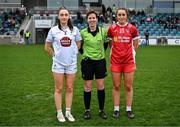 29 March 2025; Referee Angela Gallagher with team captains Laoise Lenehan of Kildare and Chloe McCaffrey of Tyrone before the Lidl Ladies National Football League Division 1 match between Kildare and Tyrone at Cedral St Conleth's Park in Newbridge, Kildare. Photo by David Fitzgerald/Sportsfile
