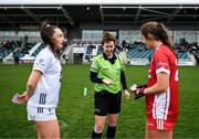 29 March 2025; Referee Angela Gallagher with team captains Laoise Lenehan of Kildare and Chloe McCaffrey of Tyrone before the Lidl Ladies National Football League Division 1 match between Kildare and Tyrone at Cedral St Conleth's Park in Newbridge, Kildare. Photo by David Fitzgerald/Sportsfile