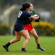 29 March 2025; Lucy Wallace of Mayo is tackled by Hannah Power of Waterford during the Lidl Ladies National Football League Division 1 match between Waterford and Mayo at Kilmacthomas GAA Club in Kilmacthomas, Waterford. Photo by Brendan Moran/Sportsfile