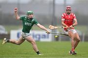 29 March 2025; Sean Flynn of Louth in action against Odhran Johnston of Fermanagh during the Allianz Hurling League Division 4 final match between Fermanagh and Louth at St Mellans Park in Truagh, Monaghan. Photo by Stephen Marken/Sportsfile
