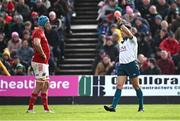 29 March 2025; Referee Craig Evans shows a red card to Alex Nankivell of Munster, not pictured, watched by Munster captain Tadhg Beirne, during the United Rugby Championship match between Connacht and Munster at Hastings Insurance MacHale Park in Castlebar, Mayo. Photo by Seb Daly/Sportsfile