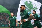 29 March 2025; Connacht players Bundee Aki, centre, Finlay Bealham, left, and Mack Hansen before the United Rugby Championship match between Connacht and Munster at Hastings Insurance MacHale Park in Castlebar, Mayo. Photo by Seb Daly/Sportsfile