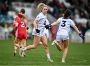 29 March 2025; Roisin Byrne of Kildare, left, celebrates with team mate Laoise Lenehan after scoring their side's second goal during the Lidl Ladies National Football League Division 1 match between Kildare and Tyrone at Cedral St Conleth's Park in Newbridge, Kildare. Photo by David Fitzgerald/Sportsfile