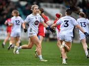 29 March 2025; Roisin Byrne of Kildare, left, celebrates with team mate Laoise Lenehan after scoring their side's second goal during the Lidl Ladies National Football League Division 1 match between Kildare and Tyrone at Cedral St Conleth's Park in Newbridge, Kildare. Photo by David Fitzgerald/Sportsfile