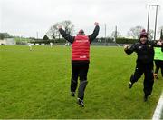 29 March 2025; Down manager Ronan Sheehan, left, and goalkeeper coach Brendan McLoughlin, celebrate their side's fourth goal near the end of the Allianz Hurling League Division 2 final match between Down and Kildare at Grattan Park in Inniskeen, Monaghan. Photo by Daire Brennan/Sportsfile