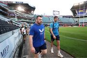 29 March 2025; Cian Healy, left, and Ross Byrne of Leinster arrives for the United Rugby Championship match between Hollywoodbets Sharks and Leinster at Hollywoodbets Kings Park in Durban, South Africa. Photo by Shaun Roy/Sportsfile