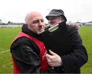 29 March 2025; Down manager Ronan Sheehan celebrates with county board secretary Seán Óg McAteer after the Allianz Hurling League Division 2 final match between Down and Kildare at Grattan Park in Inniskeen, Monaghan. Photo by Daire Brennan/Sportsfile