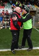 29 March 2025; Down manager Ronan Sheehan shakes hands with Kildare manager Brian Dowling after the Allianz Hurling League Division 2 final match between Down and Kildare at Grattan Park in Inniskeen, Monaghan. Photo by Daire Brennan/Sportsfile