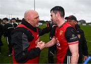 29 March 2025; Down manager Ronan Sheehan celebrates with Matt Conlan after the Allianz Hurling League Division 2 final match between Down and Kildare at Grattan Park in Inniskeen, Monaghan. Photo by Daire Brennan/Sportsfile