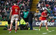 29 March 2025; Alex Nankivell of Munster, right, leaves the pitch as he is shown a red card by referee Craig Evans during the United Rugby Championship match between Connacht and Munster at Hastings Insurance MacHale Park in Castlebar, Mayo. Photo by Tyler Miller/Sportsfile