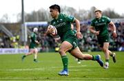 29 March 2025; Josh Ioane of Connacht on his way to scoring his side's fourth try during the United Rugby Championship match between Connacht and Munster at Hastings Insurance MacHale Park in Castlebar, Mayo. Photo by Seb Daly/Sportsfile