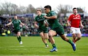 29 March 2025; Josh Ioane of Connacht on his way to scoring his side's fourth try during the United Rugby Championship match between Connacht and Munster at Hastings Insurance MacHale Park in Castlebar, Mayo. Photo by Seb Daly/Sportsfile