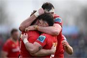 29 March 2025; Munster players Seán O’Brien, Calvin Nash and Tom Ahern after their side's victory in the United Rugby Championship match between Connacht and Munster at Hastings Insurance MacHale Park in Castlebar, Mayo. Photo by Seb Daly/Sportsfile