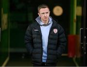 28 March 2025; Shane Ferguson of Derry City before the SSE Airtricity Men's Premier Division match between Shamrock Rovers and Derry City at Tallaght Stadium in Dublin. Photo by Stephen McCarthy/Sportsfile