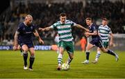 28 March 2025; Aaron Greene of Shamrock Rovers in action against Mark Connolly of Derry City during the SSE Airtricity Men's Premier Division match between Shamrock Rovers and Derry City at Tallaght Stadium in Dublin. Photo by Stephen McCarthy/Sportsfile