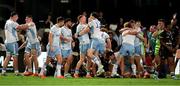29 March 2025; Leinster players, including from left, Alan Spicer, Diarmuid Mangan, Ciarán Frawley, Charlie Tector and Scott Penny celebrate at the final whistle of the United Rugby Championship match between Hollywoodbets Sharks and Leinster at Hollywoodbets Kings Park in Durban, South Africa. Photo by Shaun Roy/Sportsfile