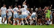 29 March 2025; Leinster players, including from left, Alan Spicer, Diarmuid Mangan, Ross Byrne, Michael Milne, Ciarán Frawley, Charlie Tector and Oliver Coffey celebrate at the final whistle of the United Rugby Championship match between Hollywoodbets Sharks and Leinster at Hollywoodbets Kings Park in Durban, South Africa. Photo by Shaun Roy/Sportsfile
