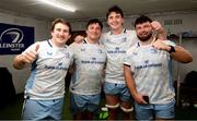 29 March 2025; Leinster players, from left, John McKee, Thomas Clarkson, Brian Deeny and Michael Milne celebrate after the United Rugby Championship match between Hollywoodbets Sharks and Leinster at Hollywoodbets Kings Park in Durban, South Africa. Photo by Shaun Roy/Sportsfile
