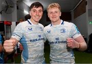 29 March 2025; Leinster players Charlie Tector, left, and Andrew Osborne after the United Rugby Championship match between Hollywoodbets Sharks and Leinster at Hollywoodbets Kings Park in Durban, South Africa. Photo by Shaun Roy/Sportsfile