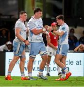 29 March 2025; Leinster players, from left, Diarmuid Mangan, Alan Spicer and Oliver Coffey celebrate a turnover during the United Rugby Championship match between Hollywoodbets Sharks and Leinster at Hollywoodbets Kings Park in Durban, South Africa. Photo by Shaun Roy/Sportsfile