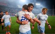 29 March 2025; Leinster players Brian Deeny, right, and Oliver Coffey celebrate after the United Rugby Championship match between Hollywoodbets Sharks and Leinster at Hollywoodbets Kings Park in Durban, South Africa. Photo by Shaun Roy/Sportsfile