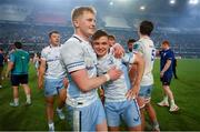 29 March 2025; Leinster players Andrew Osborne, left, and Fintan Gunne celebrate after the United Rugby Championship match between Hollywoodbets Sharks and Leinster at Hollywoodbets Kings Park in Durban, South Africa. Photo by Shaun Roy/Sportsfile