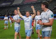 29 March 2025; Leinster players, from left, Ciarán Frawley, Liam Turner and Brian Deeny celebrate after the United Rugby Championship match between Hollywoodbets Sharks and Leinster at Hollywoodbets Kings Park in Durban, South Africa. Photo by Shaun Roy/Sportsfile