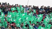 29 March 2025; Connacht supporters wave flags during the United Rugby Championship match between Connacht and Munster at Hastings Insurance MacHale Park in Castlebar, Mayo. Photo by Seb Daly/Sportsfile