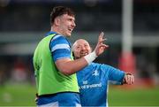 29 March 2025; Alan Spicer of Leinster, left, and Leinster senior kitman Jim Bastick before the United Rugby Championship match between Hollywoodbets Sharks and Leinster at Hollywoodbets Kings Park in Durban, South Africa. Photo by Shaun Roy/Sportsfile