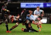29 March 2025; Brian Deeny of Leinster is tackled by Vincent Tshituka of Hollywoodbets Sharks during the United Rugby Championship match between Hollywoodbets Sharks and Leinster at Hollywoodbets Kings Park in Durban, South Africa. Photo by Shaun Roy/Sportsfile