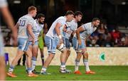 29 March 2025; Leinster players, from left, Ciarán Frawley, Rory McGuire, Alan Spicer, Brian Deeny and captain Max Deegan during the United Rugby Championship match between Hollywoodbets Sharks and Leinster at Hollywoodbets Kings Park in Durban, South Africa. Photo by Shaun Roy/Sportsfile