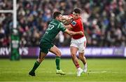 29 March 2025; Calvin Nash of Munster is tackled by Santiago Cordero of Connacht during the United Rugby Championship match between Connacht and Munster at Hastings Insurance MacHale Park in Castlebar, Mayo. Photo by Seb Daly/Sportsfile