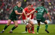 29 March 2025; Jack Crowley of Munster in action against Santiago Cordero of Connacht, left, during the United Rugby Championship match between Connacht and Munster at Hastings Insurance MacHale Park in Castlebar, Mayo. Photo by Seb Daly/Sportsfile