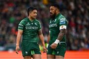 29 March 2025; Connacht players Josh Ioane, left, Bundee Aki during the United Rugby Championship match between Connacht and Munster at Hastings Insurance MacHale Park in Castlebar, Mayo. Photo by Seb Daly/Sportsfile