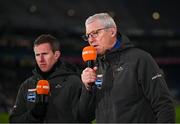 15 March 2025; TG4 analysts Tomás Ó Flatharta and Gary Sice, left, at half-time during the Allianz Football League Division 1 match between Dublin and Galway at Croke Park in Dublin. Photo by Piaras Ó Mídheach/Sportsfile