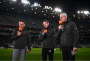 15 March 2025; TG4 presenter Micheál Ó Domhnaill, left, with analysts Gary Sice and Tomás Ó Flatharta, right, at half-time during the Allianz Football League Division 1 match between Dublin and Galway at Croke Park in Dublin. Photo by Piaras Ó Mídheach/Sportsfile