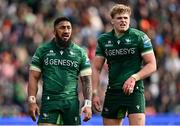 29 March 2025; Connacht players Bundee Aki, left, and Hugh Gavin during the United Rugby Championship match between Connacht and Munster at Hastings Insurance MacHale Park in Castlebar, Mayo. Photo by Seb Daly/Sportsfile
