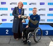 30 March 2025; Patrick Monahan is presented with the Dublin City Half Marathon Men's Wheelchair Champion Trophy by the Lord Mayor of Dublin Cllr Emma Blain at the 2025 event. Their achievement was celebrated among thousands of runners who took part in the 21km race through Dublin’s Northside, marking a memorable first edition of the event. Photo by Ramsey Cardy/Sportsfile