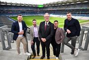 31 March 2025; In attendance to launch GAA+ is Uachtarán Chumann Lúthchleas Gael Jarlath Burns, centre, with GAA+ pundits, from left, Richie Hogan, Marc Ó Sé, John &quot;Bubbles&quot; O'Dwyer and Paddy Andrews at Croke Park in Dublin. Photo by Sam Barnes/Sportsfile