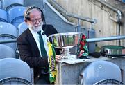 30 March 2025; Stadum MC Jerry Grogan with the cup before the Allianz Football League Division 1 final match between Kerry and Mayo at Croke Park in Dublin. Photo by Piaras Ó Mídheach/Sportsfile