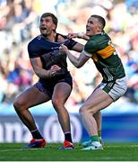 30 March 2025; Aidan O'Shea of Mayo and Jason Foley of Kerry await a dropping ball during the Allianz Football League Division 1 final match between Kerry and Mayo at Croke Park in Dublin. Photo by Piaras Ó Mídheach/Sportsfile
