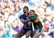 30 March 2025; Aidan O'Shea of Mayo and Jason Foley of Kerry await a dropping ball during the Allianz Football League Division 1 final match between Kerry and Mayo at Croke Park in Dublin. Photo by Piaras Ó Mídheach/Sportsfile