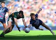 30 March 2025; Jack Carney of Mayo in action against Barry Dan O'Sullivan of Kerry during the Allianz Football League Division 1 final match between Kerry and Mayo at Croke Park in Dublin. Photo by Piaras Ó Mídheach/Sportsfile
